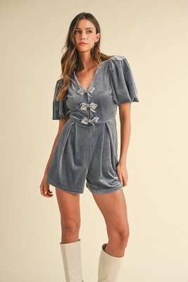 Mable Jewel Bow Decor Puff Sleeve Velvet Romper - Aesthetic Haven