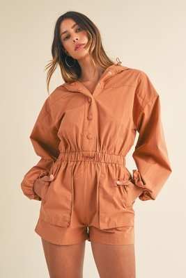 Mable Snap Down Long Sleeve Hooded Romper - Aesthetic Haven