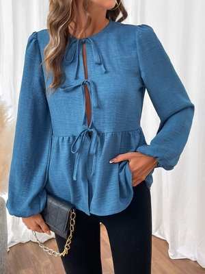 Peplum Tie Neck Balloon Sleeve Blouse - Aesthetic Haven