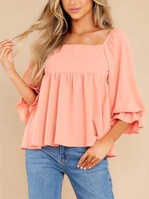 Smocked Square Neck Flounce Sleeve Blouse - Aesthetic Haven