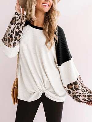 Twisted Color Block Round Neck Long Sleeve T-Shirt - Aesthetic Haven