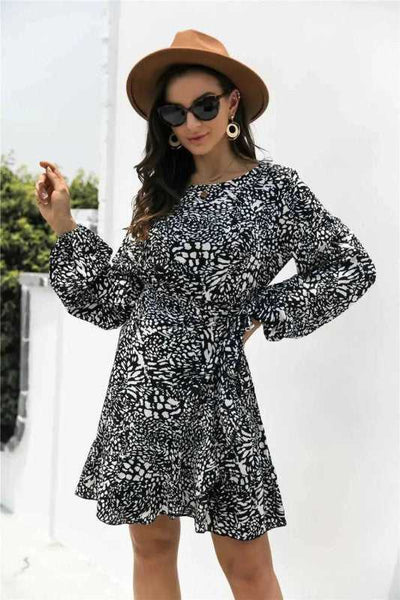 Animal Print Round Neck Balloon Sleeve Mini Dress - Aesthetic Haven