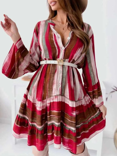 Buttoned Striped Long Sleeve Mini Dress - Aesthetic Haven