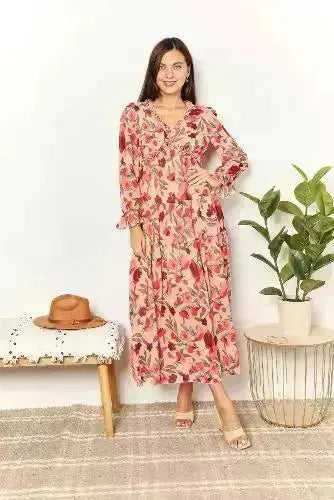 Double Take Floral Frill Trim Flounce Sleeve Plunge Maxi Dress - Aesthetic Haven