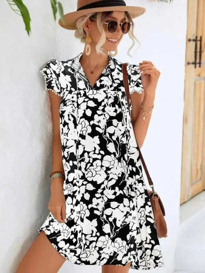 Floral Tie Neck Butterfly Sleeve Dress - Aesthetic Haven