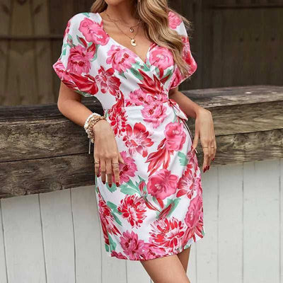 Floral Tied Short Sleeve Mini Dress - Aesthetic Haven