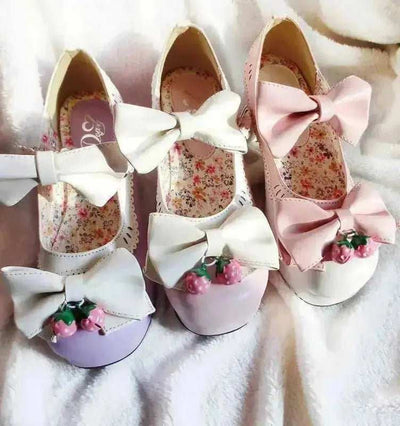 Lolita Sweet Shoes strawberry bell round head thick with bow - Aesthetic Haven