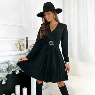 Long Sleeve V - Neck Pleated Solid Dress - Aesthetic Haven