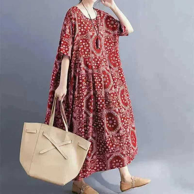 Loose Cotton And Linen Print Short - sleeved Dress - Aesthetic Haven