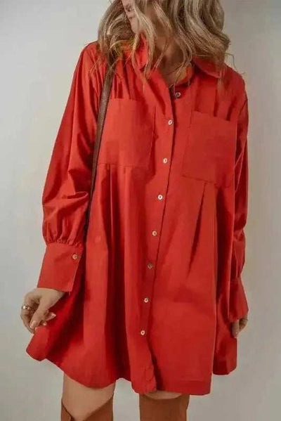 Pocketed Button Down Long Sleeve Shirt Dress - Aesthetic Haven