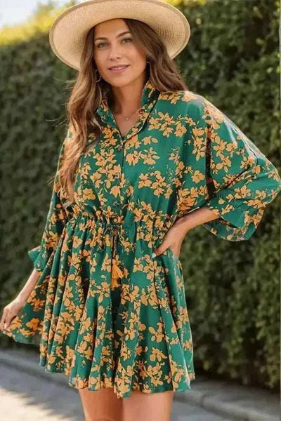 Printed Three - Quarter Sleeve Mini Dress - Aesthetic Haven