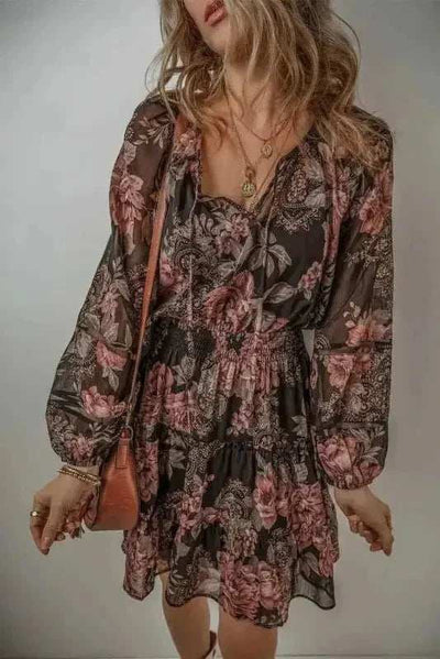 Printed Tie Neck Long Sleeve Mini Dress - Aesthetic Haven