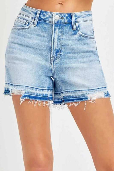 RISEN High Rise Distressed Hem Denim Shorts - Aesthetic Haven