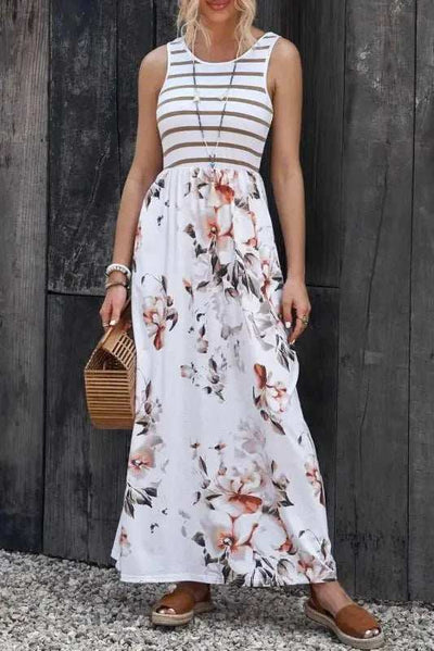 Striped Floral Round Neck Sleeveless Maxi Dress - Aesthetic Haven