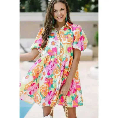 Summer Floral Print Puff Sleeve Dress - Aesthetic Haven