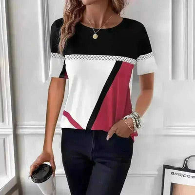 Women's Round Neck Geometric Print Short Sleeve - Aesthetic Haven